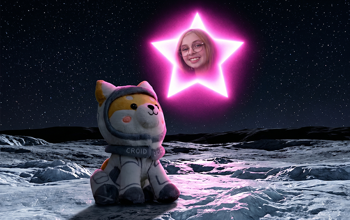 Shiba astronaut on the moon with a glowing star portrait